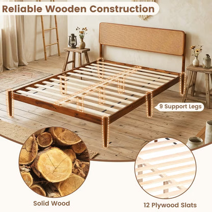 Costway Queen Size Wooden Platform Bed Frame - Brown