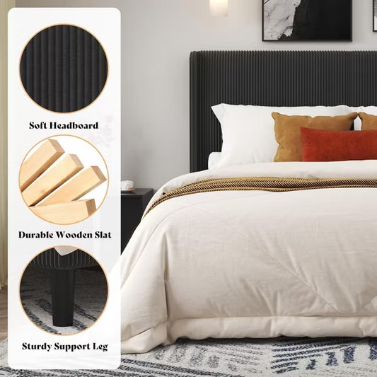 AMERLIFE Queen Bed Frame with Corduroy Upholstered Headboard - Black