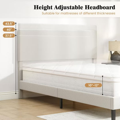 Costway Queen Platform Bed Frame with Chevron Velvet Headboard - Beige