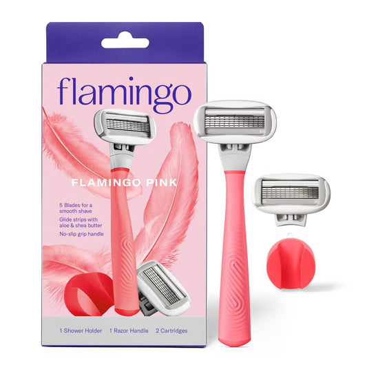 Flamingo Women's Razor Kit - Pink 5-Blade Handle + 2 Replacement Cartridges