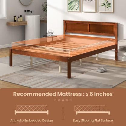 Costway Queen Wood Platform Bed, No Box Spring Needed - Walnut