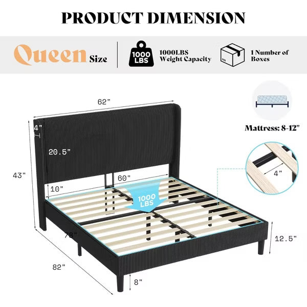 AMERLIFE Queen Bed Frame with Corduroy Upholstered Headboard - Black