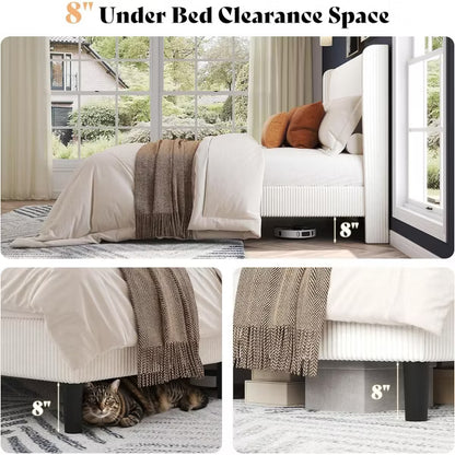 AMERLIFE Queen Upholstered Bed Frame with Wood Slat Support - White
