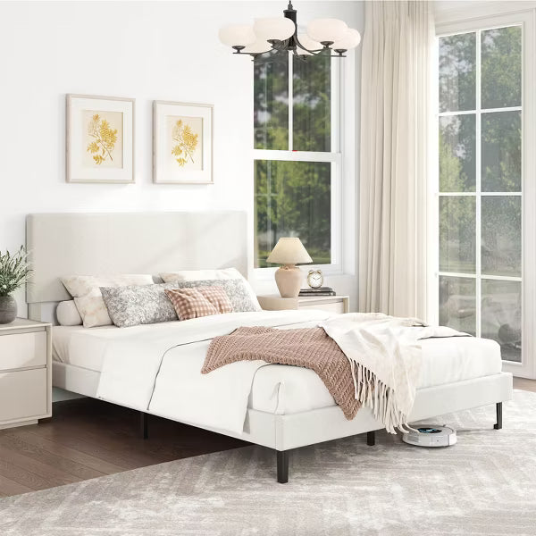 Costway Queen Platform Bed Frame with Chevron Velvet Headboard - Beige