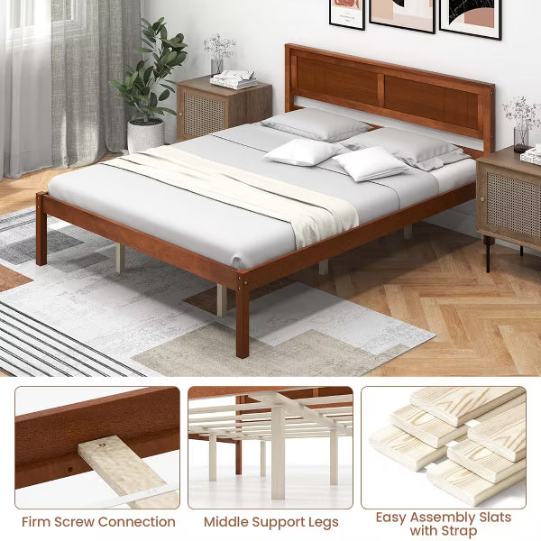 Costway Queen Wood Platform Bed, No Box Spring Needed - Walnut
