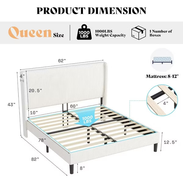 AMERLIFE Queen Upholstered Bed Frame with Wood Slat Support - White