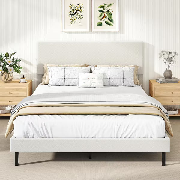 Costway Queen Platform Bed Frame with Chevron Velvet Headboard - Beige