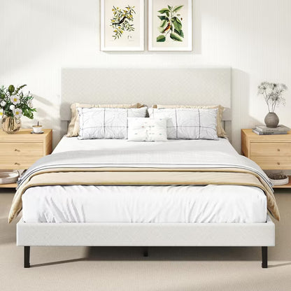 Costway Queen Platform Bed Frame with Chevron Velvet Headboard - Beige