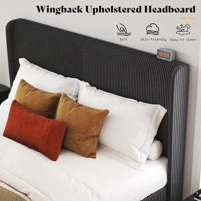 AMERLIFE Queen Bed Frame with Corduroy Upholstered Headboard - Black