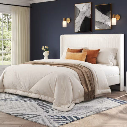 AMERLIFE Queen Upholstered Bed Frame with Wood Slat Support - White