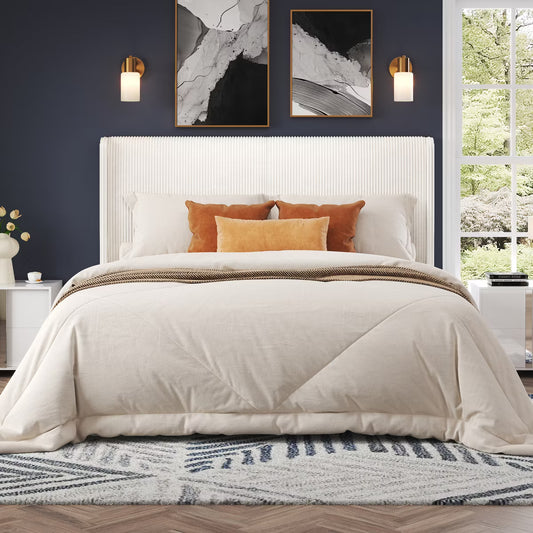 AMERLIFE Queen Upholstered Bed Frame with Wood Slat Support - White