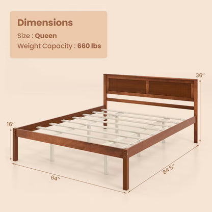 Costway Queen Wood Platform Bed, No Box Spring Needed - Walnut