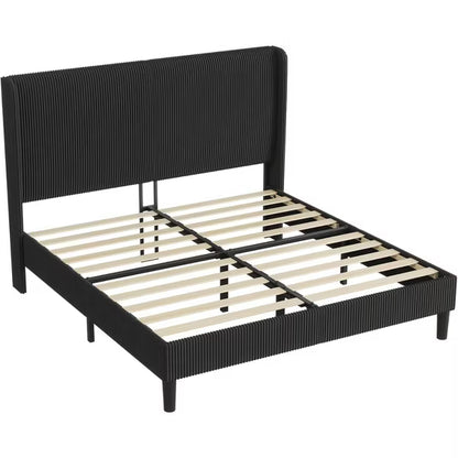 AMERLIFE Queen Bed Frame with Corduroy Upholstered Headboard - Black
