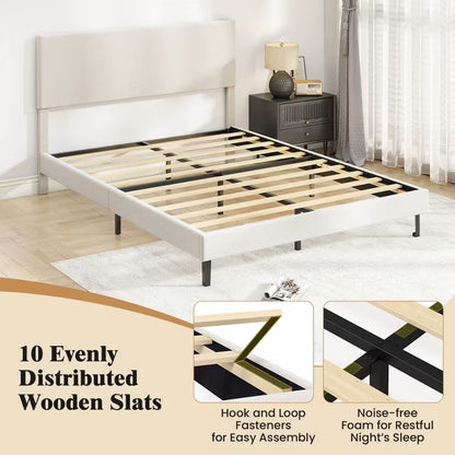 Costway Queen Platform Bed Frame with Chevron Velvet Headboard - Beige