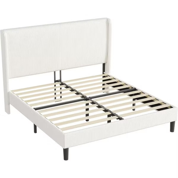 AMERLIFE Queen Upholstered Bed Frame with Wood Slat Support - White