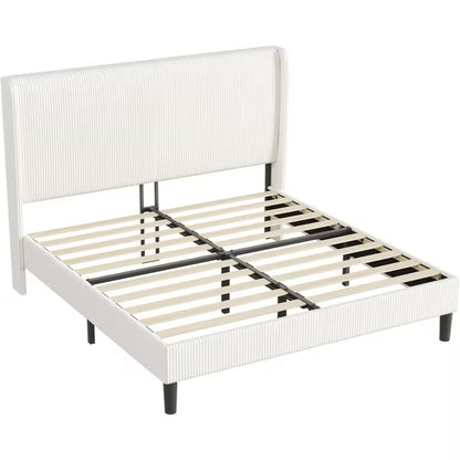 AMERLIFE Queen Upholstered Bed Frame with Wood Slat Support - White