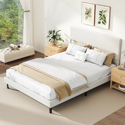 Costway Queen Platform Bed Frame with Chevron Velvet Headboard - Beige