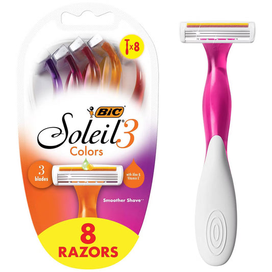 BIC Soleil Colors Women's 3-Blade Disposable Razors - Aloe & Vitamin E, 8 ct