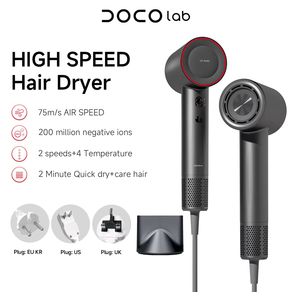 **DOCO High-Speed Hair Dryer – 110,000 RPM, 200M Negative Ions & Lightweight Design**