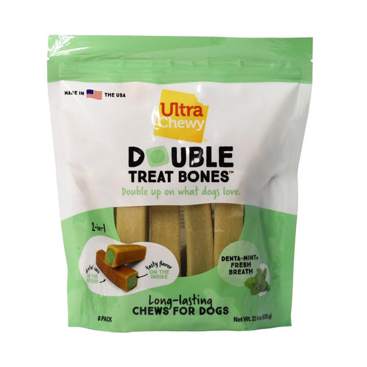 Ultra Chewy Double Treat Bones Mint Dental Dog Treats - 8 Pack