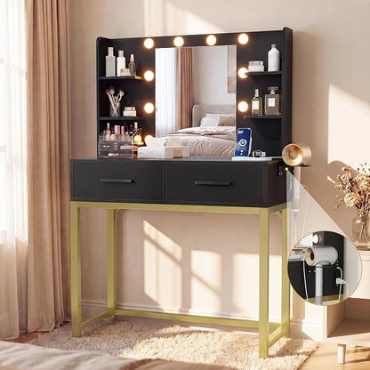 YESHOMY 31.5" Small Makeup Vanity Desk with 3-Color Dimmable Lighted Mirror – Built-in Charging Hub, 2 Drawers & 6 Storage Shelves (White, 200 lb Capacity)