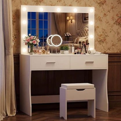 YESHOMY 31.5" Small Makeup Vanity Desk with 3-Color Dimmable Lighted Mirror – Built-in Charging Hub, 2 Drawers & 6 Storage Shelves (White, 200 lb Capacity)