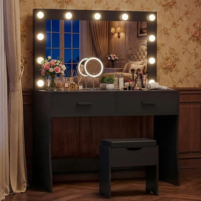 YESHOMY 31.5" Small Makeup Vanity Desk with 3-Color Dimmable Lighted Mirror – Built-in Charging Hub, 2 Drawers & 6 Storage Shelves (White, 200 lb Capacity)