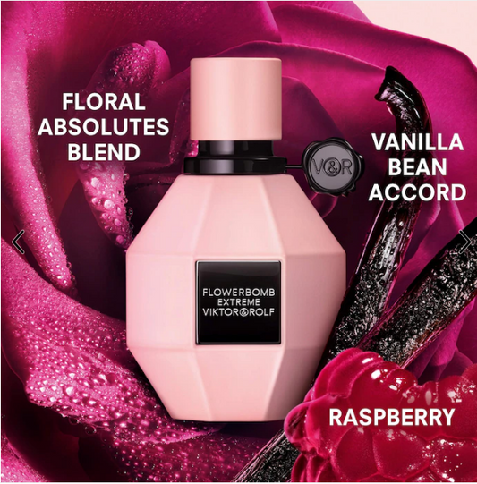 Viktor & Rolf Flowerbomb Extreme Eau de Parfum Intense — a rich fusion of juicy raspberry and warm vanilla, intensified with deep, sensual florals.