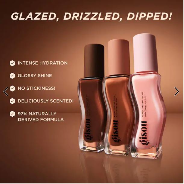 Gisou Hydrating Lip Oil with Honey – emphasizes moisture and ingredient.