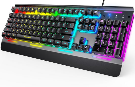 TECKNET Wired RGB Gaming Keyboard – Metal Panel, 15-Zone RGB, Anti-Ghosting