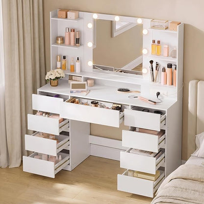VASAGLE KAILYN 9-Drawer Vanity Desk with Tri-Fold Lighted Mirror & Power Hub – Cloud White