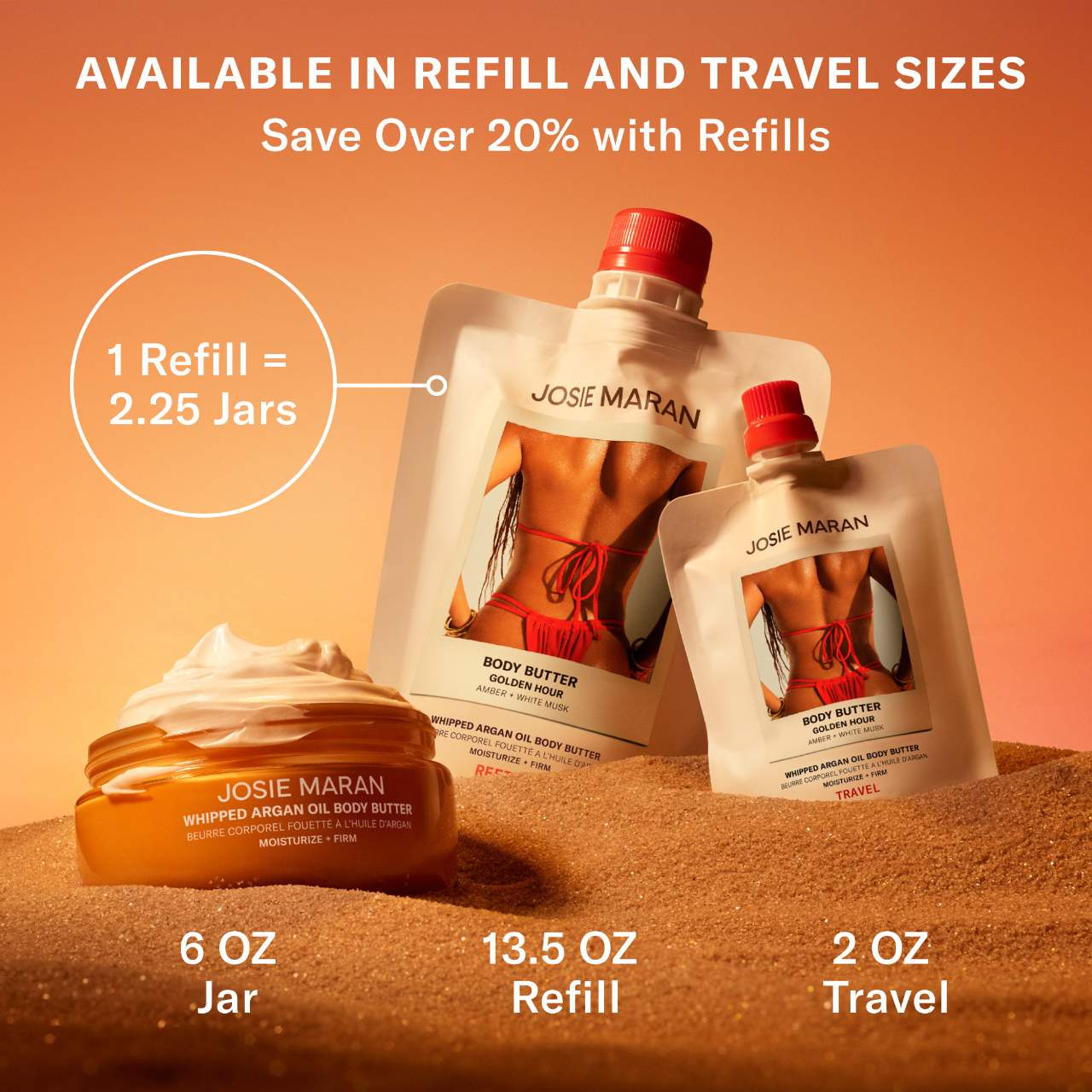 JOSIE MARAN  Golden Hour (Amber, White Musk) - Whipped Argan Oil Refillable Firming Body Butter