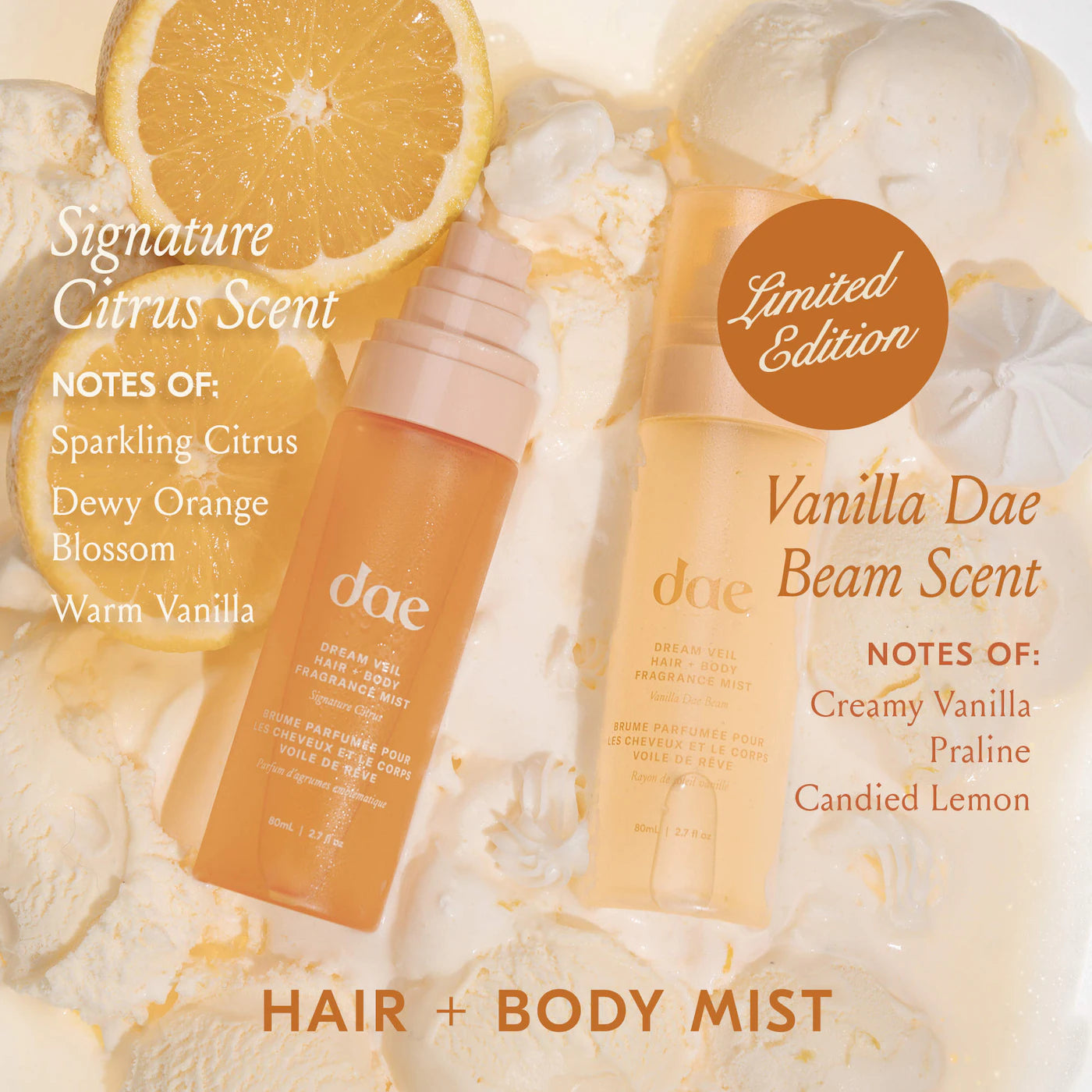 **dae Dream Veil Hair & Body Fragrance Mist – Vanilla, Candied Lemon & Praline**