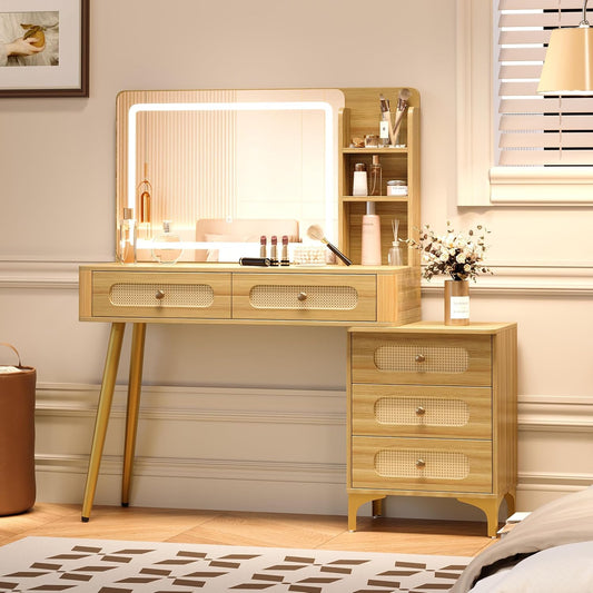 Merax 47" Dark Walnut Vanity Desk with Lighted Mirror – Vintage Rattan Dressing Table with 5 Drawers, Storage Shelf & Dimmable 3-Color Lighting