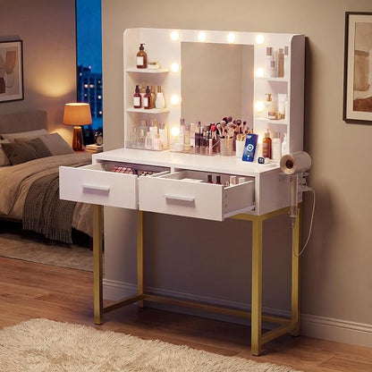 YESHOMY 31.5" Small Makeup Vanity Desk with 3-Color Dimmable Lighted Mirror – Built-in Charging Hub, 2 Drawers & 6 Storage Shelves (White, 200 lb Capacity)